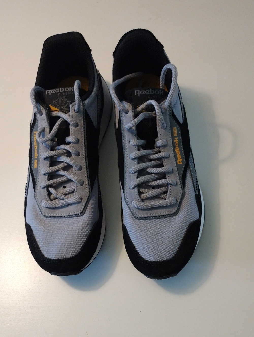 Reebok Men's Gray and Black Retro Athletic Sneakers with Yellow Accent